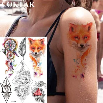 COKTAK Flash Gold Fox Akvarell DreamCatcher Ajutiste Tätoveeringute Kleebis Sulg Roosi Lille Tattoo Art Käe Võltsitud Tatoos Sulg