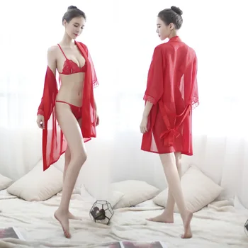 3 töö/set Seksikas Pitsist Rüüd, mille Rinnahoidja Komplekt Naiste Hommikumantel Kimono Näha Läbi Naiste Topid ja Pluusid Kuum Erootiline Femme Kimono komplekt