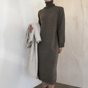 Elegantne Talve Naine Vabaaja Kampsun Kleit Naiste 2022 Paks Solid Kleidid, Silmkoelised Korea Soe Uus Kašmiir Khaki Püstkaelusega Rüü