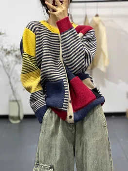 Jaapani Retro Värvi Triibuline Kampsun Koos Laisk Embroidey Kampsun, Naiste Sügis Ja Talv Fashion Mitmekülgne Koo Top