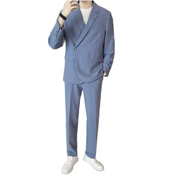 Lansboter Sinine Meeste Ülikond 2 Tükki Korea Versiooni Lahti Laotama Tugev Pulm Bankett Business Daily Komplekt Jakk Püksid