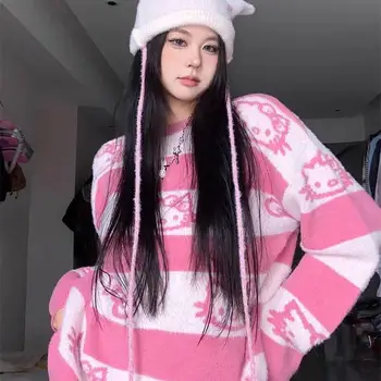 Sanrio Hello Kitty Uus Kampsun Naiste korea Stiilis Armas Triip Koo Pullover Y2K Moe Riided Roosa Tops Sügis-Talv Kampsunid