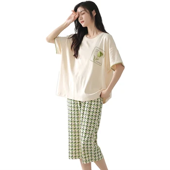 Suvel Pidžaamad Naistele 100% Puuvillane Pidžaama Komplekt Daamid Tahke Sleepwear Vasika Pikkusega Püksid Kodus Riided