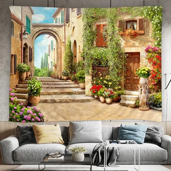 Väljas Aed Plakat Vaip, Toscana Maja Maamees Puidust Uksed ja Lilleline Mustrid Vaip Koju Terrass Decor Seina Riputamise